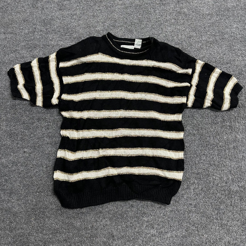 Shenanigans Sweater Womens Size L Black White Striped Gold Metallic Knit Top